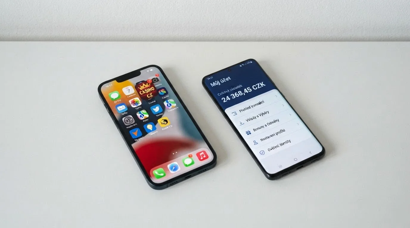 Dva mobilní telefony položené vedle sebe, každý s jiným kasinovým účtem na displeji
