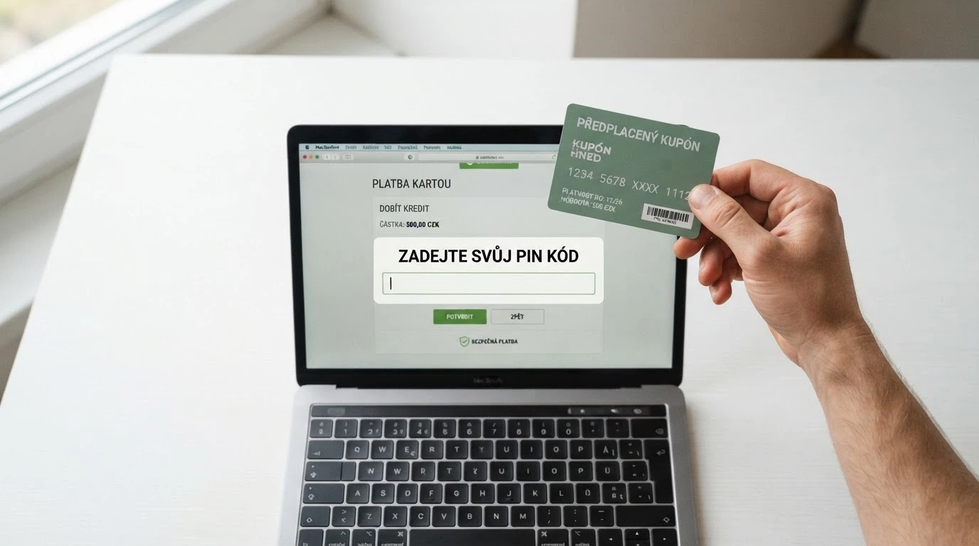 Ruka zadávající PIN kód z paysafecard voucheru do platební brány online casina na notebooku