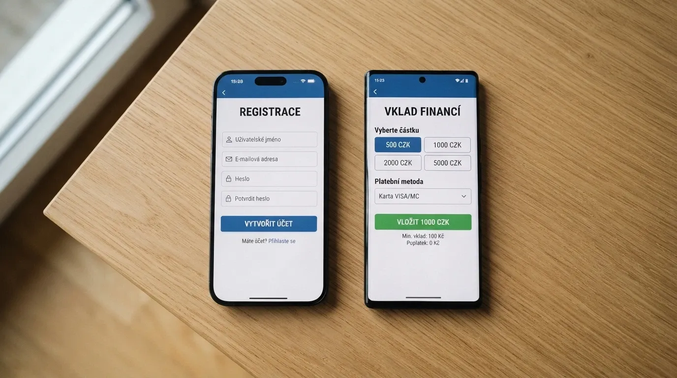 Dva vedle sebe položené mobily — na jednom obrazovka registrace s nápisem „vstupní bonus“, na druhém obrazovka s výzvou k prvnímu vkladu a nápisem „uvítací balíček“