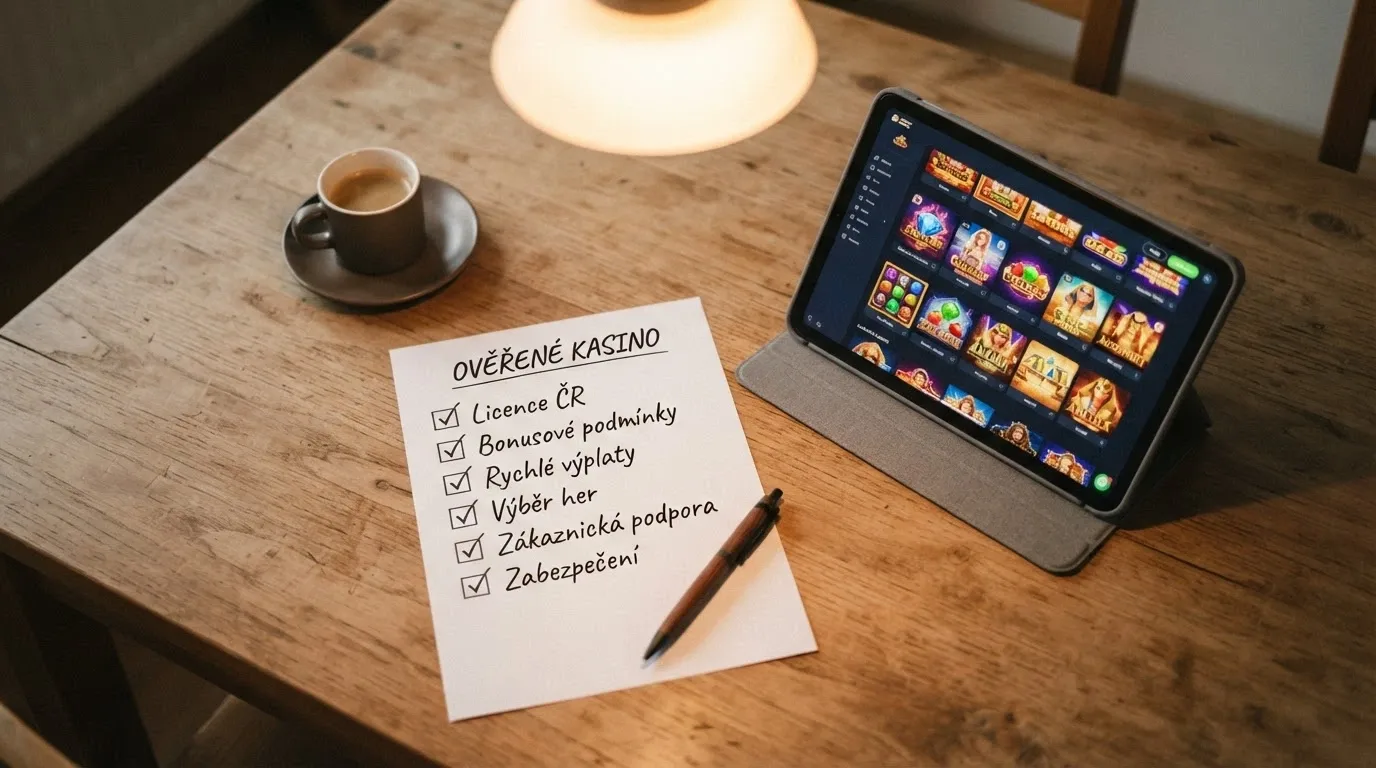 Checklist na papíře s odškrtnutými položkami — vedle otevřené casino na tabletu