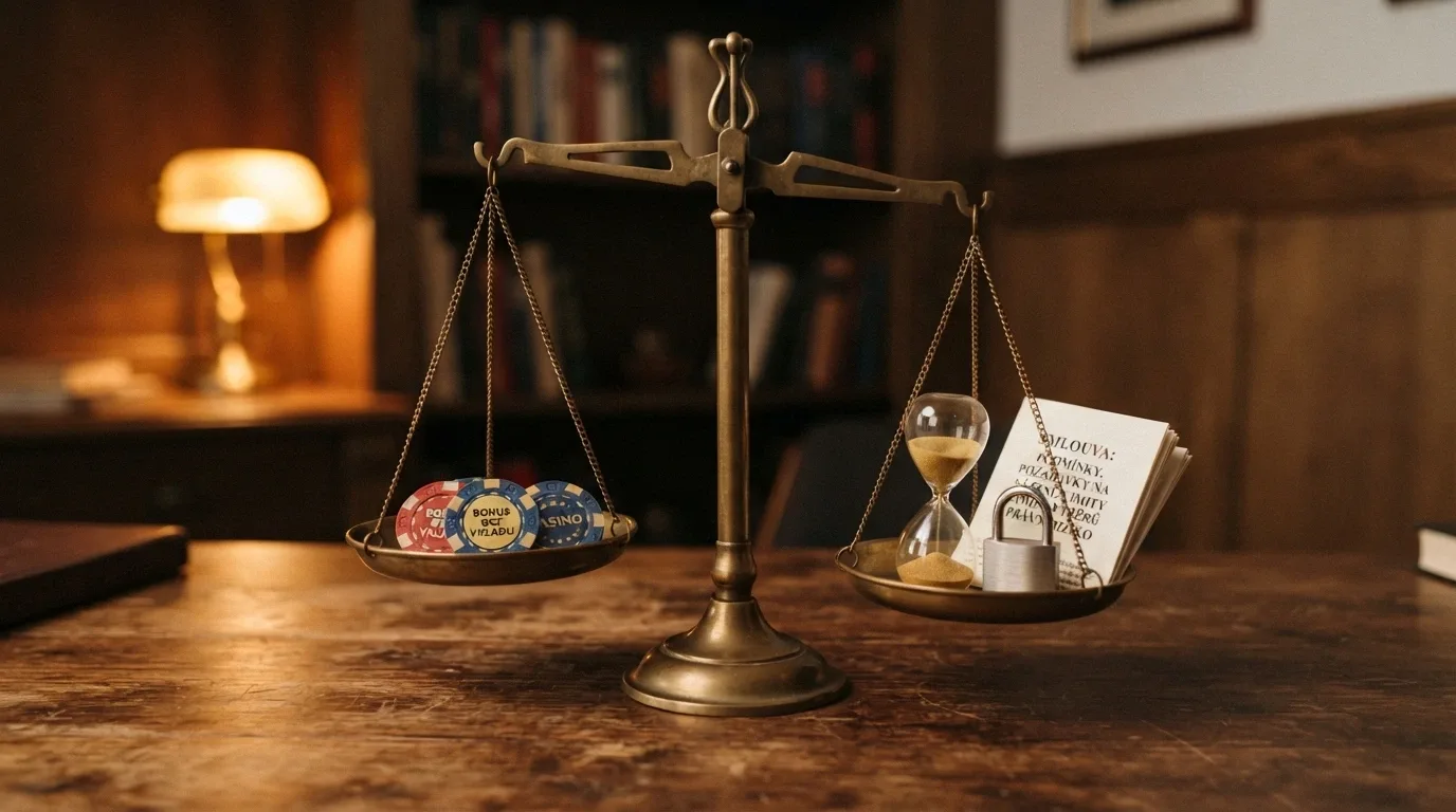 Váhy — na jedné misce bonus bez vkladu (free spiny), na druhé wagering, max. výběr a riziko bez licence