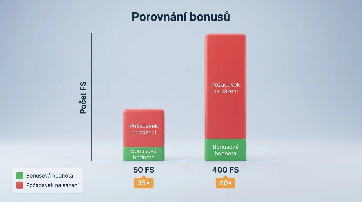 Jednoduchá vizualizace: 50 spinů vs. 400 spinů, u každého číslo protočení a výsledná částka, kterou musí hráč prosázet