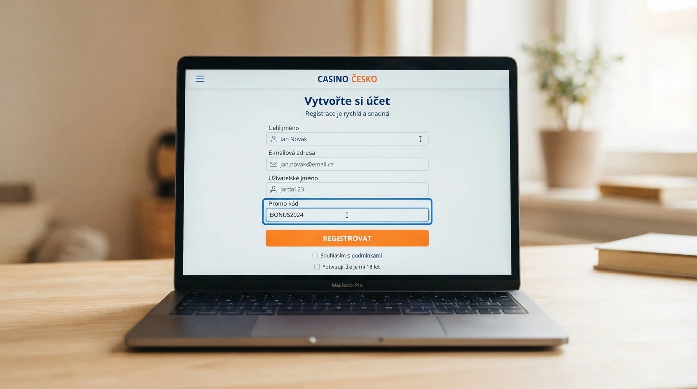 Detailní pohled na obrazovku s otevřeným registračním formulářem českého online kasina, výrazné pole „Promo kód“ s kurzorem