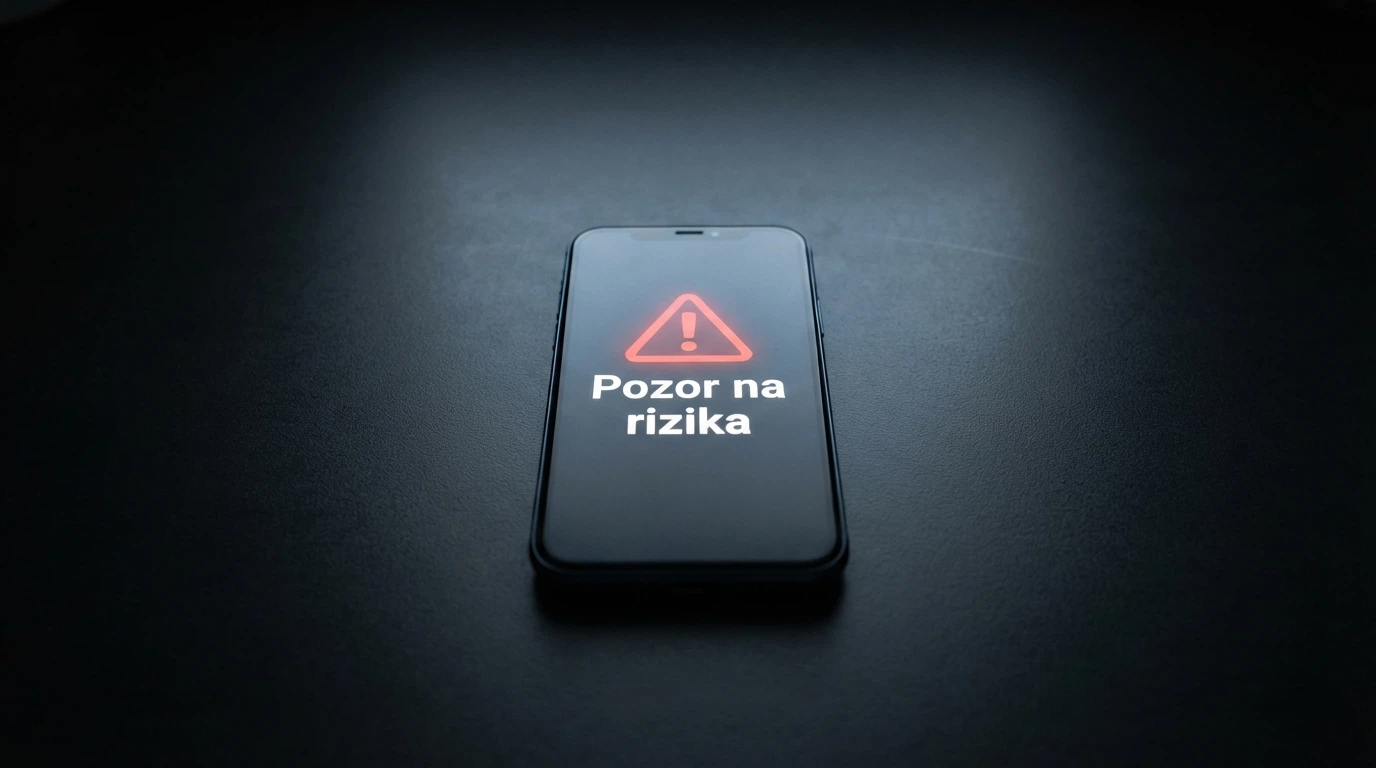 Výstražná ikona na displeji s českým textem upozorňujícím na rizika nelegálního hazardu