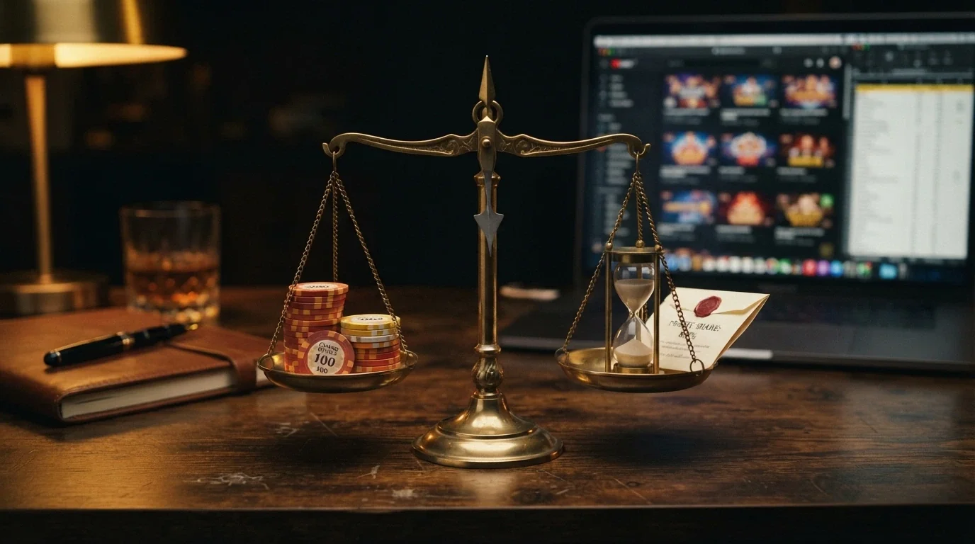 Rozhodovací váhy – na jedné misce počet otoček a hodnota spinu, na druhé wagering, expirace a daňový práh