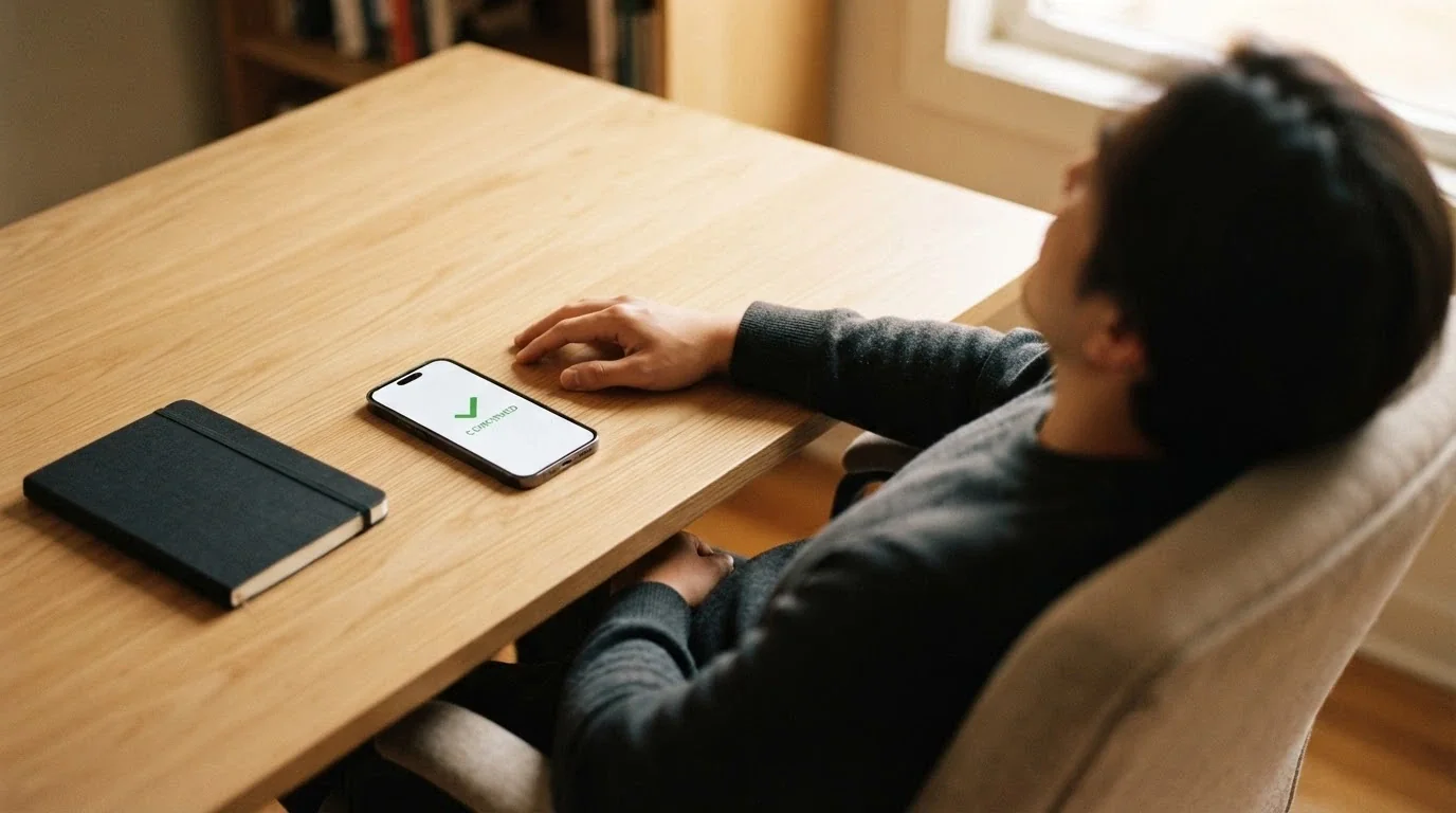 Hráč odkládá telefon s úsměvem — rozhodnutí padlo, bonus je vybraný s rozvahou