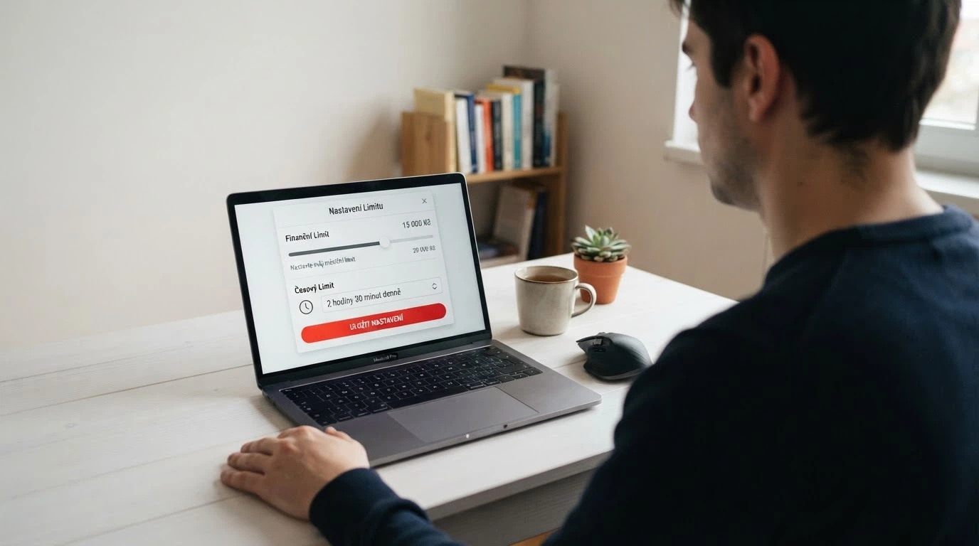 Obrazovka s nastavením herních limitů — finanční limit, časový limit a tlačítko panic button