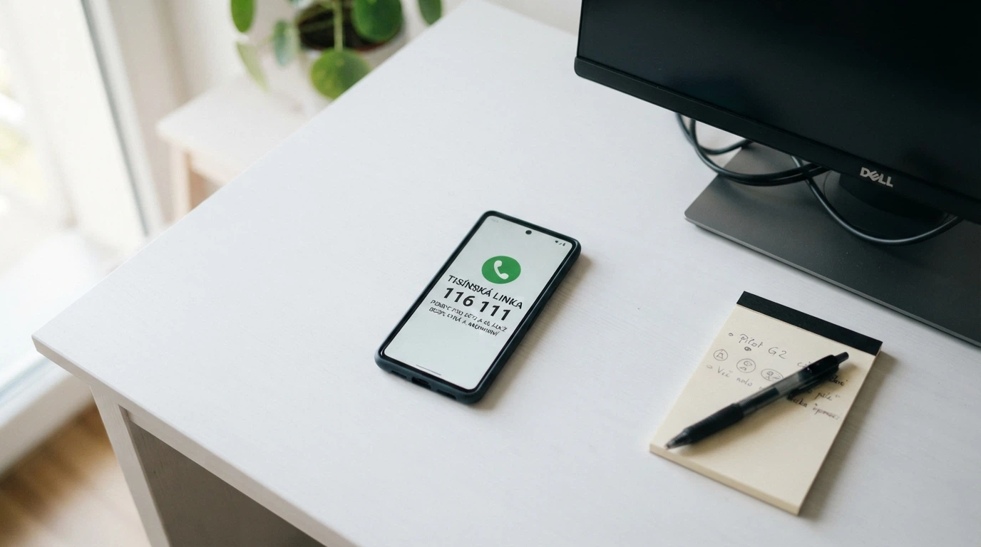 Telefon s vytočeným číslem linky pomoci pro hráče hazardních her na stole vedle vypnutého monitoru