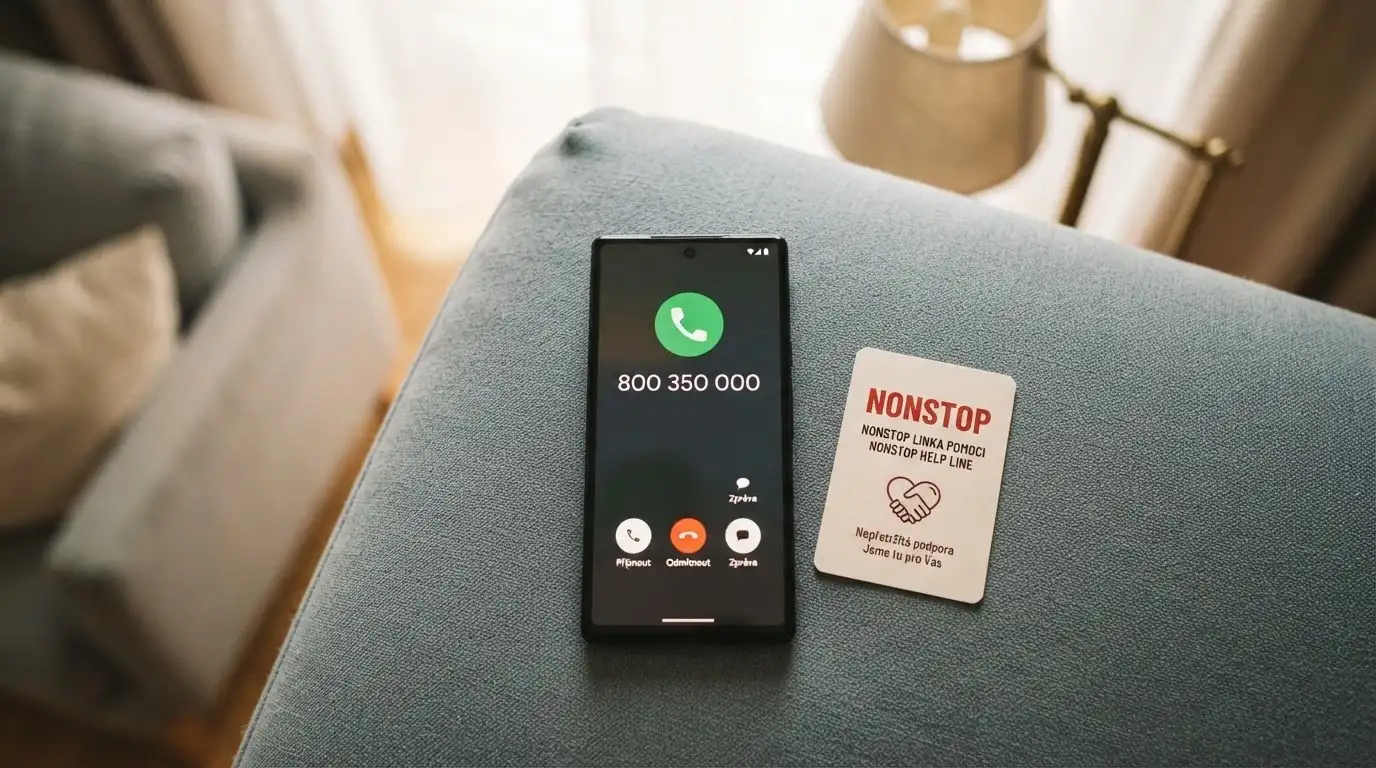 Telefon s vytočeným číslem linky pomoci na displeji, vedle něj kartička s kontakty a slovy NONSTOP