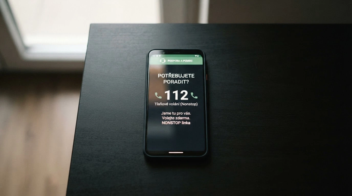 Telefon s vytočeným číslem linky pomoci, vedle něj logo Společnosti Podané ruce a nápis NONSTOP