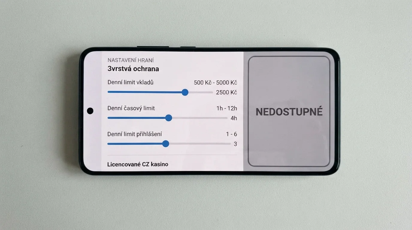 Rozhraní pro nastavení herních limitů – posuvníky pro denní vklad, časové omezení a počet přihlášení, vedle šedé pole s nápisem „nedostupné“