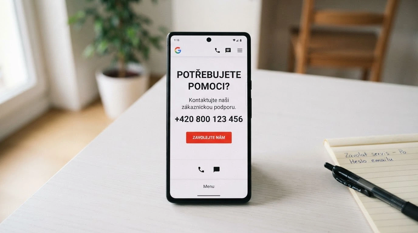 Mobil s otevřenou stránkou zodpovednehrani.cz, na displeji číslo NONSTOP linky pomoci a tlačítko panic button