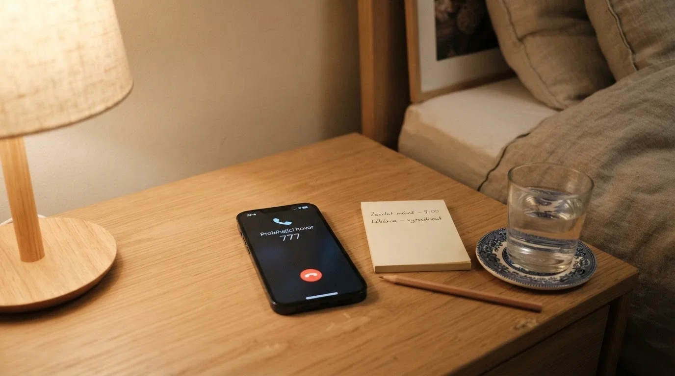Telefon s vytočeným číslem linky pomoci, vedle ikony limitů (posuvník), panic buttonu (červené tlačítko) a RVO (registr)