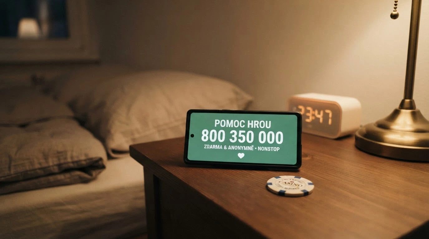 Telefon s vytočeným číslem linky pomoci položený vedle herního automatu — symbol cesty ven