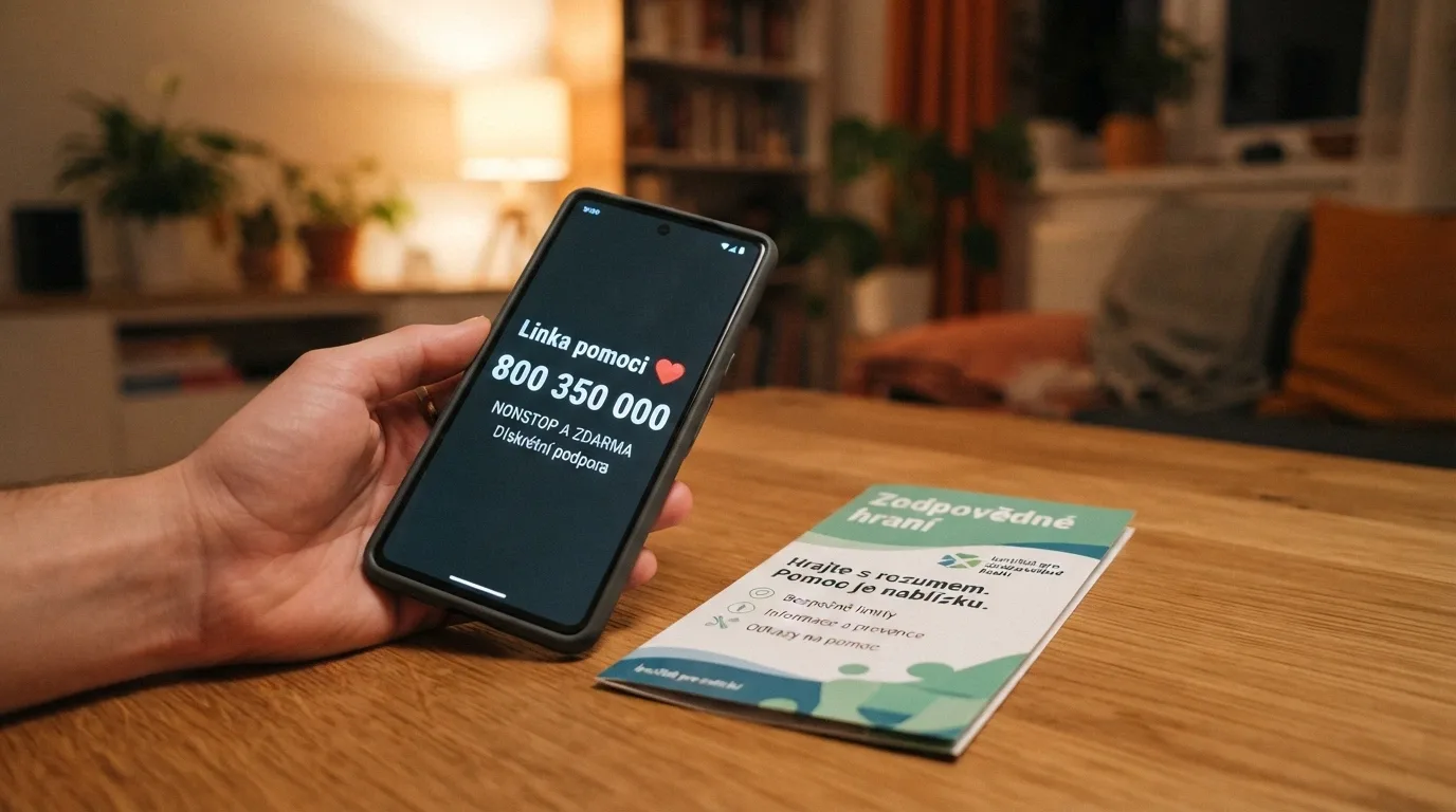 Ruka sahající po telefonu s číslem Linky pomoci na displeji, vedle leták Zodpovědné hraní