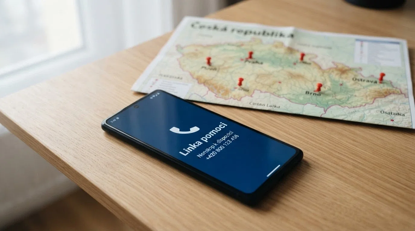 Telefon s nonstop linkou pomoci v popředí, v pozadí mapa České republiky s vyznačenými adiktologickými centry