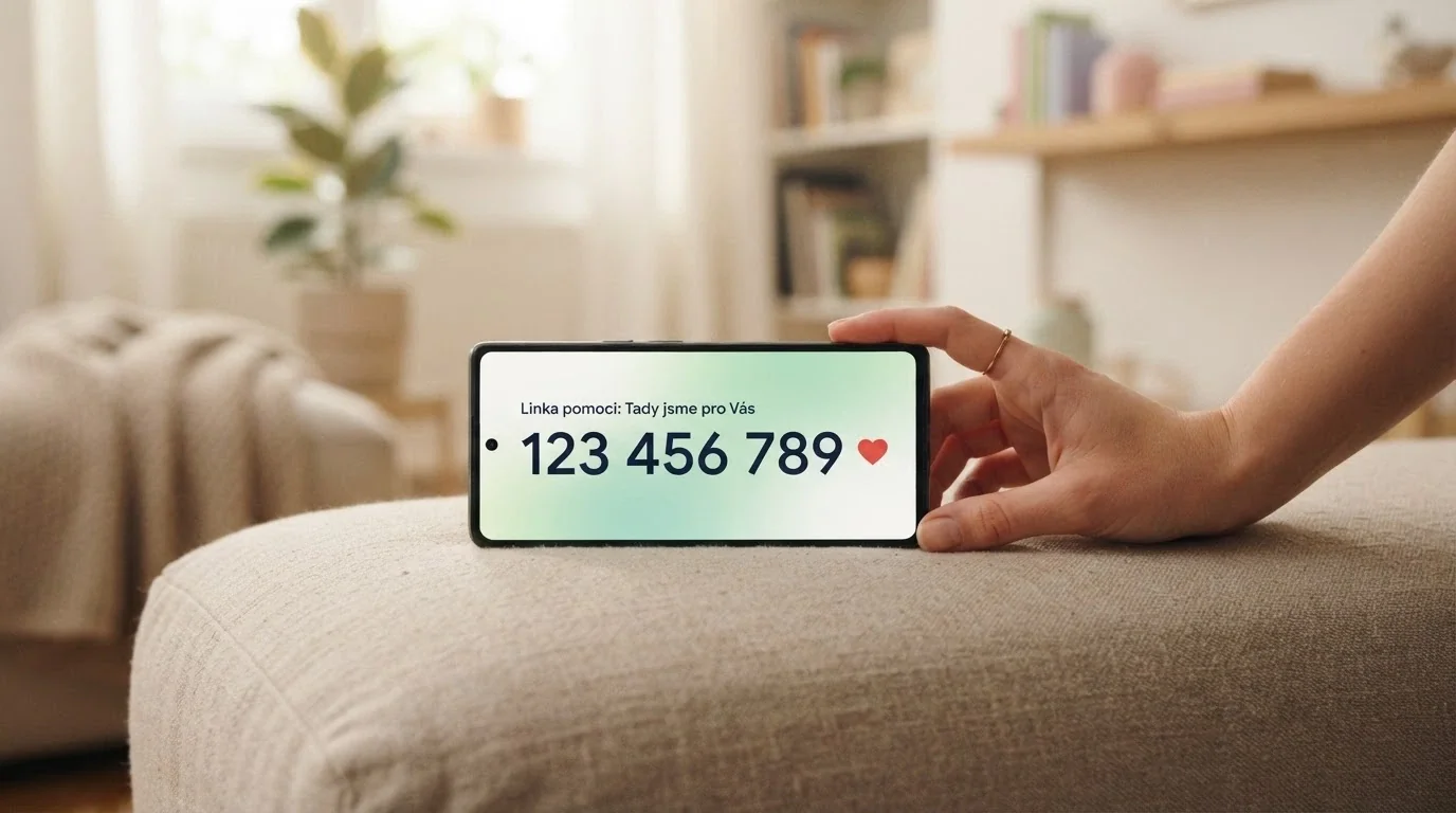 Telefon s vytočeným číslem linky pomoci +420 777 477 877 a logem Zodpovědného hraní na obrazovce