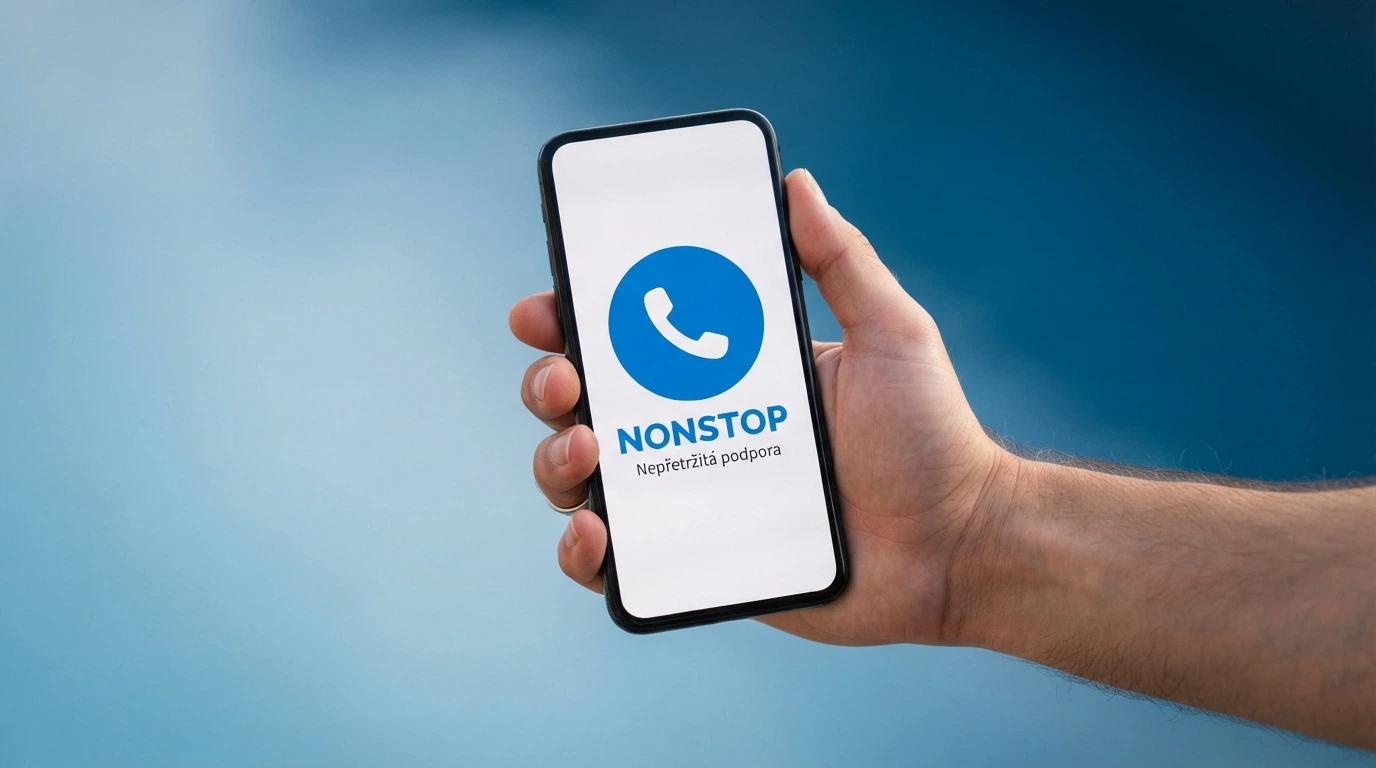 Telefonní sluchátko a ikona NONSTOP linky pomoci na modrém pozadí